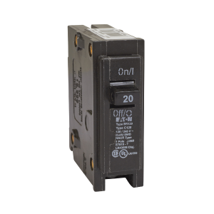 Eaton BR thermal magnetic circuit breaker, Type BR 1-Inch plug-on circuit breaker, 20 A, 10 kAIC, single-pole, 120/240V